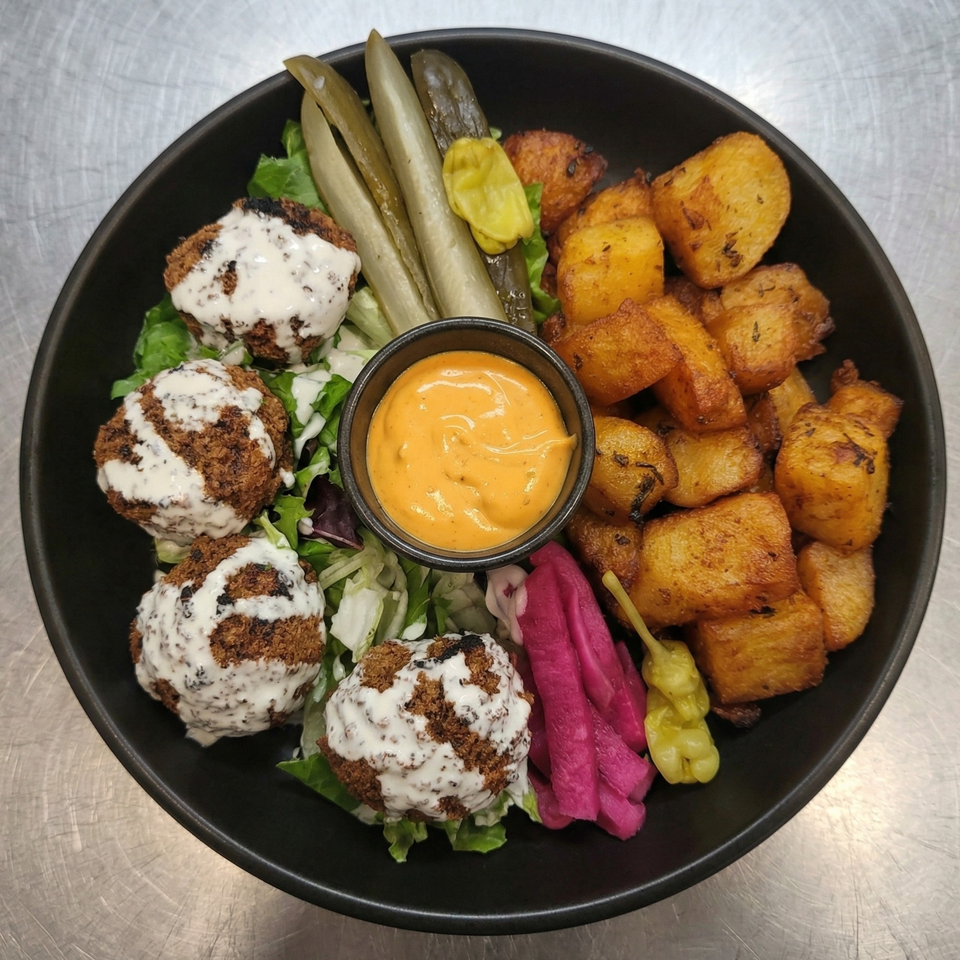 A black bowl filled with falafel, roasted potatoes, pickles, and a side of orange sauce.